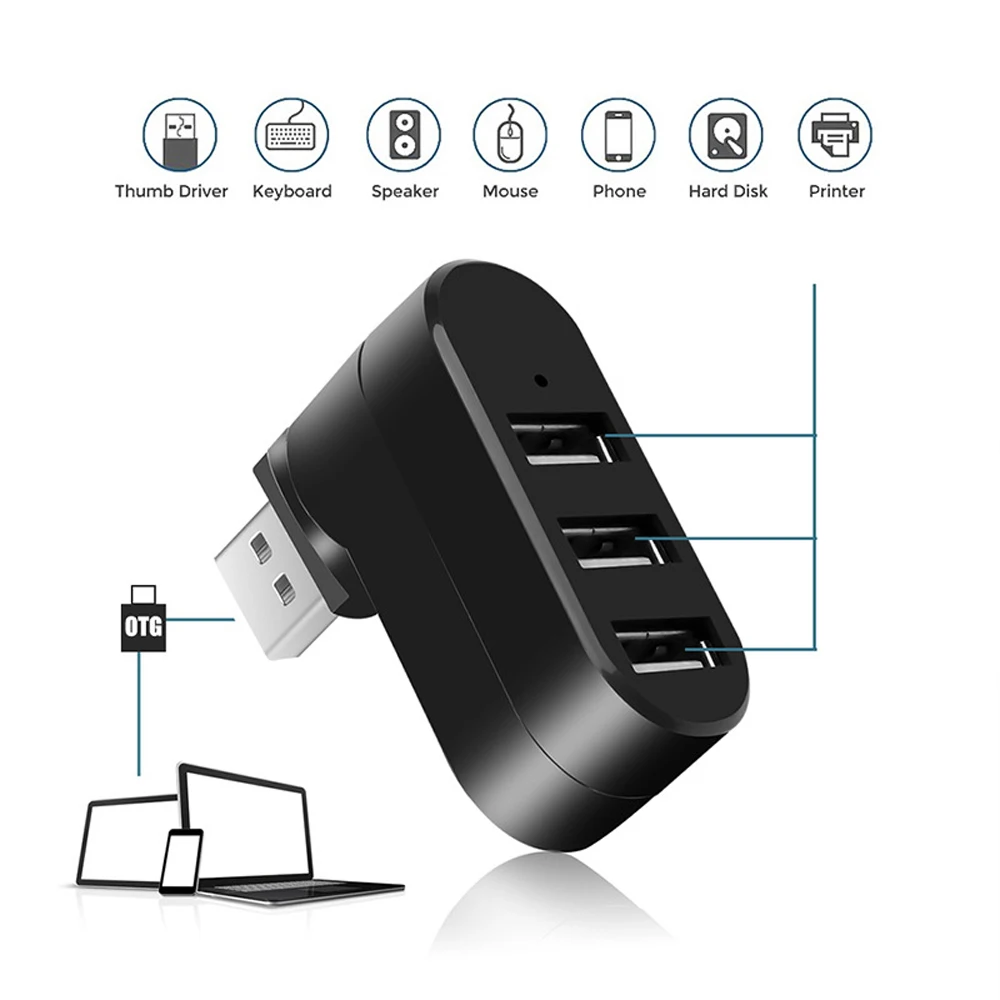High-Speed 3-Port USB 2.0 Hub with Rotating Splitter