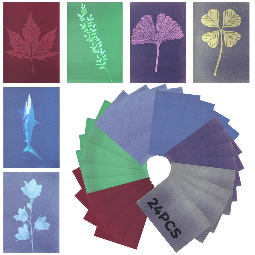 24 Sheets Colorful Sun Print Paper Kit Sun Art Papers High Sensitive Cyanotype Papers Nature Sun/Solar Printing Art