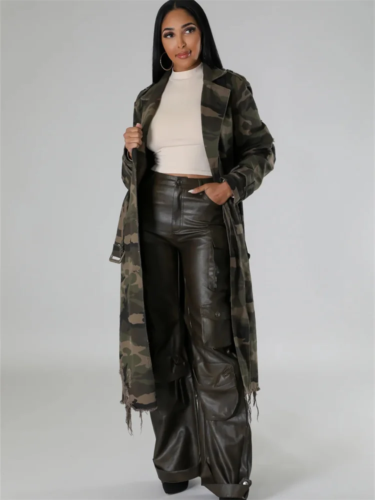 Wmstar Camouflage Trench Jacket Women Clothing Print Coat Streetwear Ripped Long Style Crop Tops Wholesale Dropshipping S-2XL
