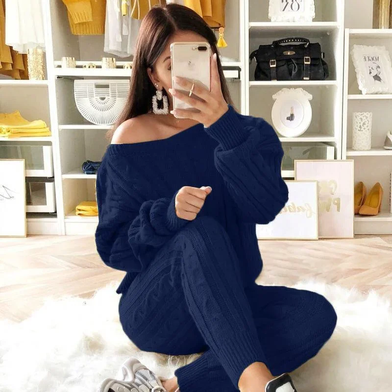 Oversize Dropped Shoulder Knit Pants Set Women's Long Sleeve Knitted Long Sleeve Top Thick Sweaters Casual Two-piece Sweater