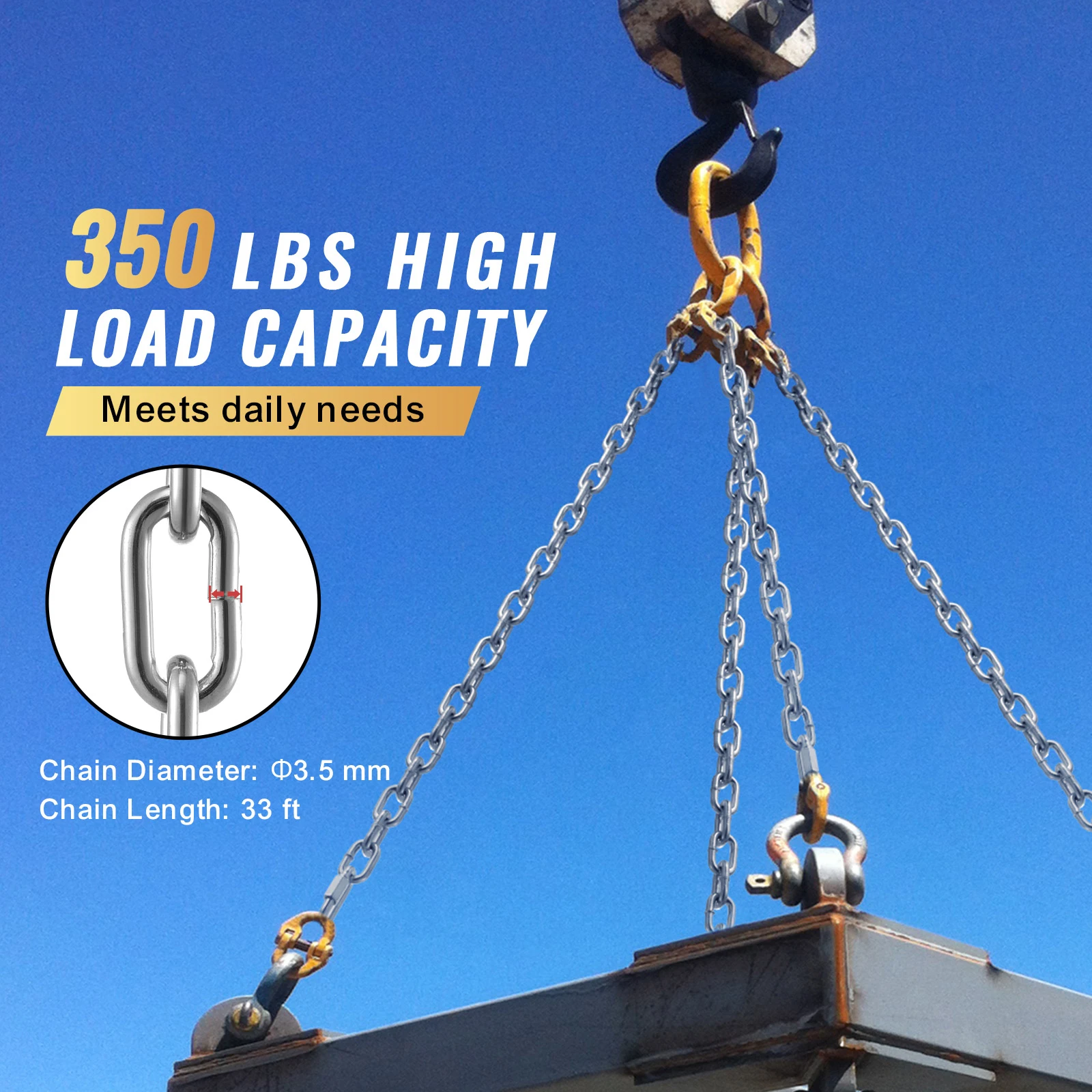 SucceBuy 33ft Proof Coil Chain 1/8" 350 lbs Zinc Plated Safety Chain with Galvanized Carbon Steel Link Chain for Towing