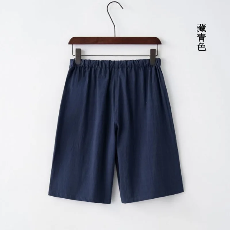 Chinese Style Men Summer Casual Cotton and Linen Elastic Waist Solid Color Extravasation Stay at Home Loose Affordable Shorts