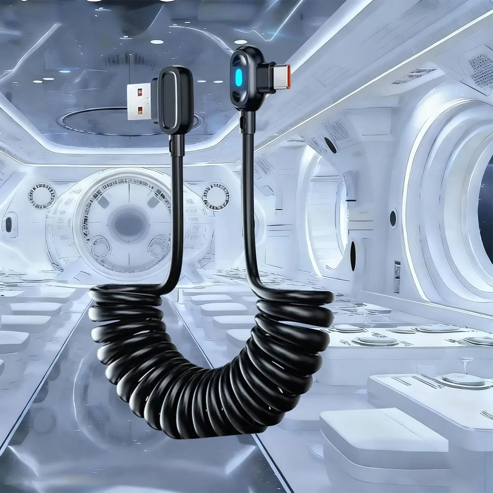 Car-mounted double-bend spring super-fast charging data cable/phone charging cable with light-up function Retractable TypeC Cord