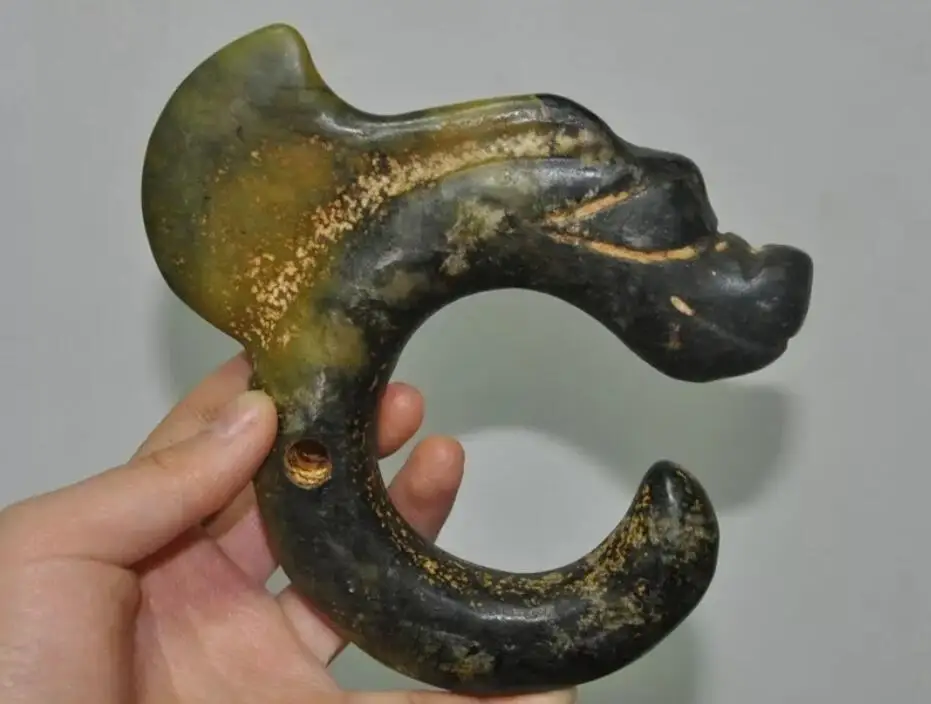 5"China Hongshan Culture old Jade carve sacrifice Feng Shui dragon hook statue 4