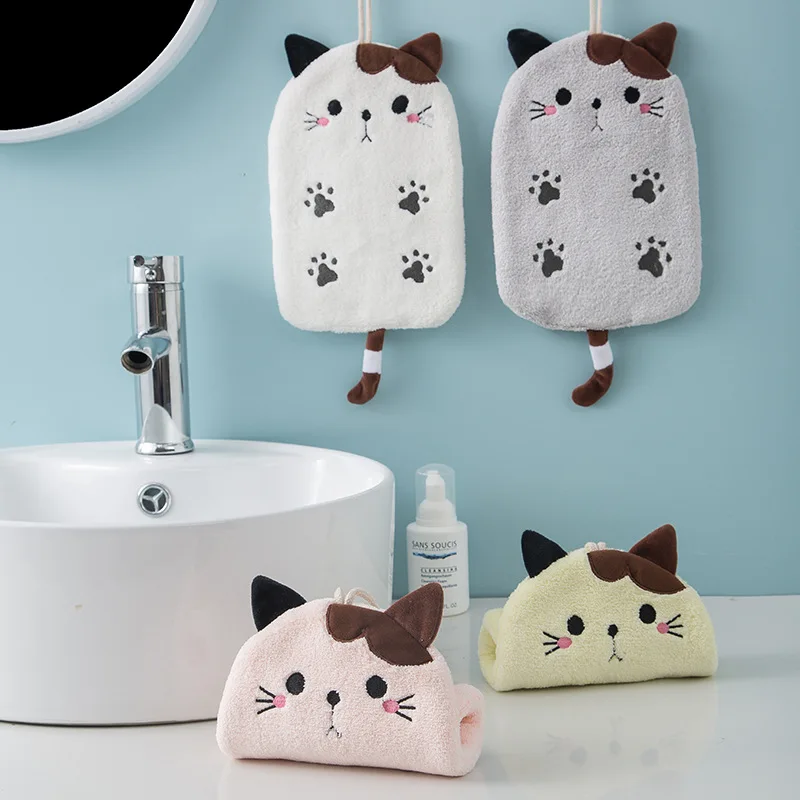 

1Pcs Super Absorbent Hanging Type Cat Embroidered Towelette Home Decora Dual Purpose Coral Velvet Hand Towel Bathroom Supplies