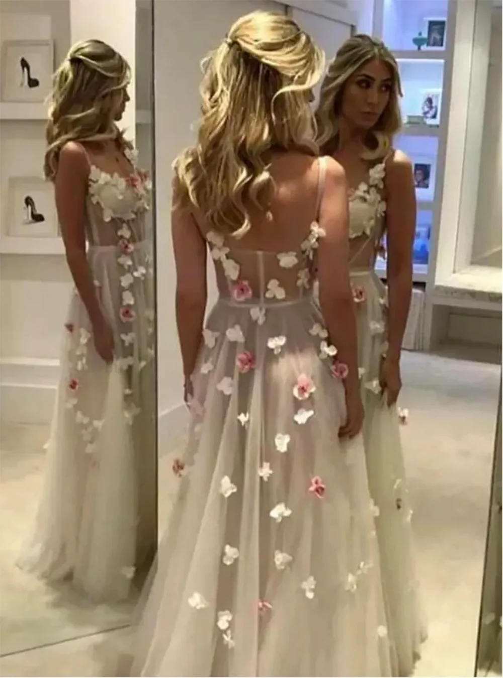 

Women New Prom Dress Sweethear Neck Slip Straps Flowers Appliques Formal Evening Dress A-Line Floor-Length Wedding Party Dress