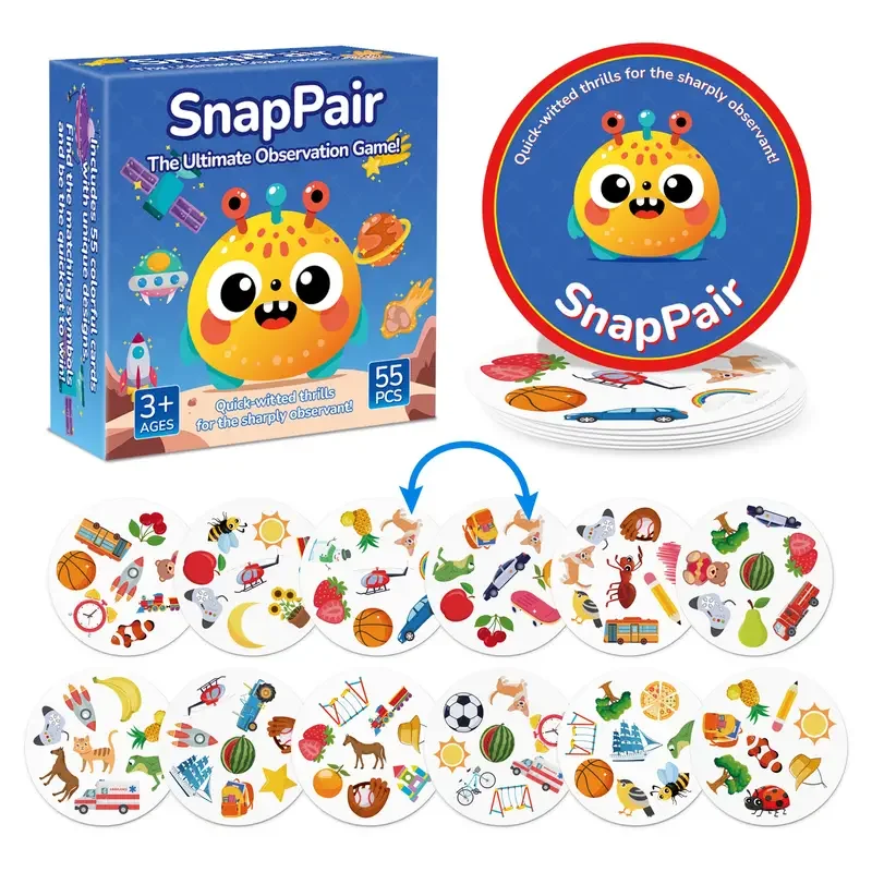 Matching game, includes 55 cards, a card matching challenge game. Instructions available in Spanish and English.