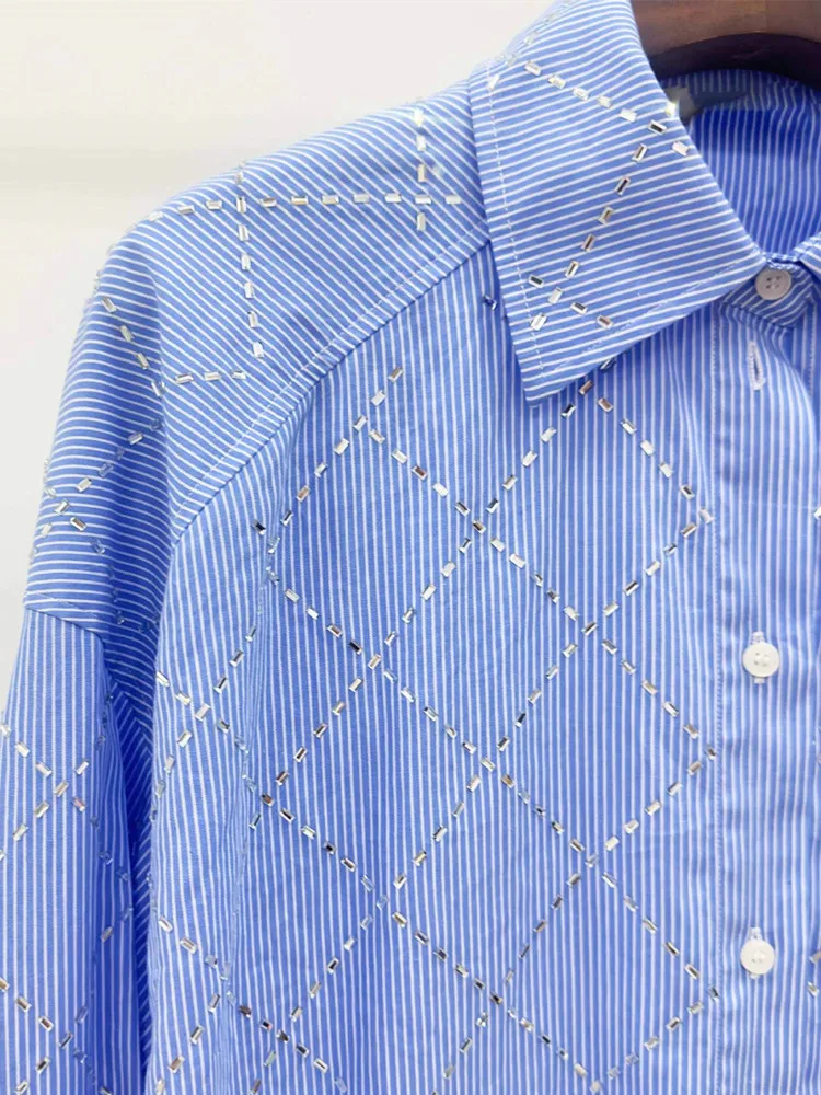 

Женская однобортная блузка в полоску, с отложным воротником и длинным рукавом