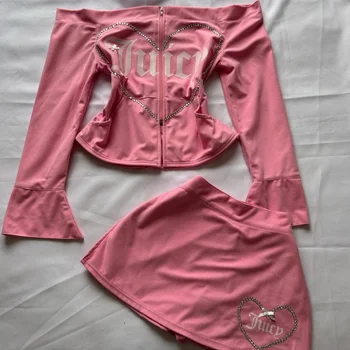 European American Trend Hot Stamping One Shoulder Cardigan Slim Short Skirt Personalized Sexy Spicy Girl Niche High End Suit 1