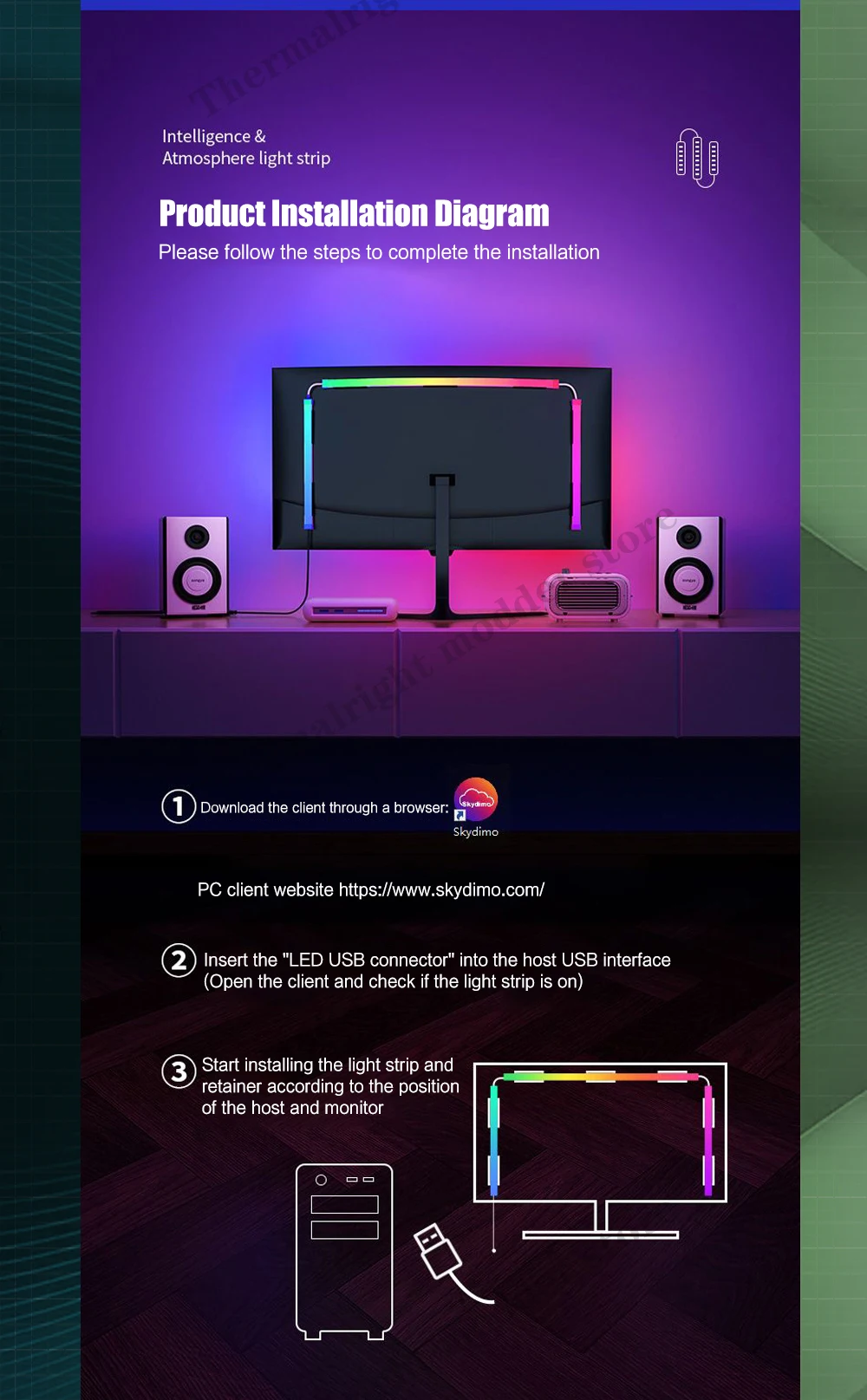 moniteur de bureau led pour salle de sport lumière rvb pour bande led itude de contrôle logiciel usb