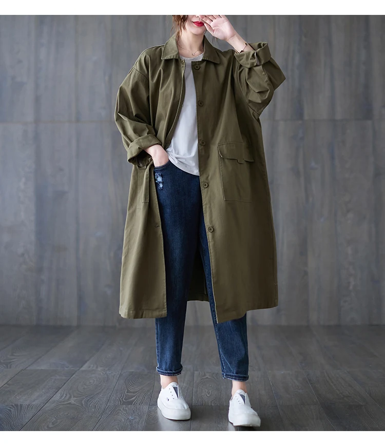 2023 Autumn New Loose Trench Coat Women Single Breasted Windbreaker Simple Casual Khaki Black All-Match Cardigan Outerwear Femal