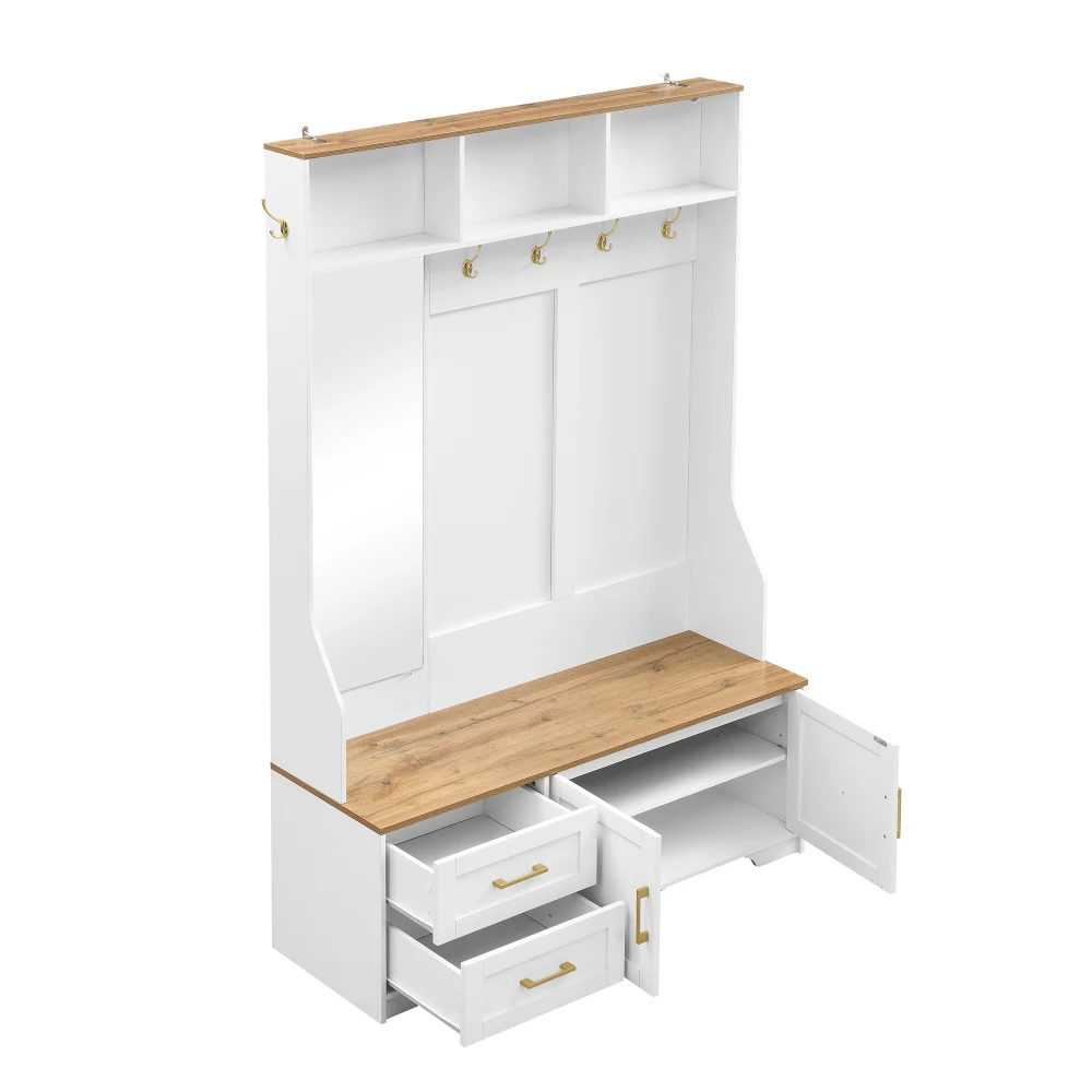 Multifunktionaler Flur- und Schuhschrank mit LED-Beleuchtung, Spiegel, Haken und Schubladen – moderner Kleiderschrank mit Stauraum und Sitzfläche – Detail 18