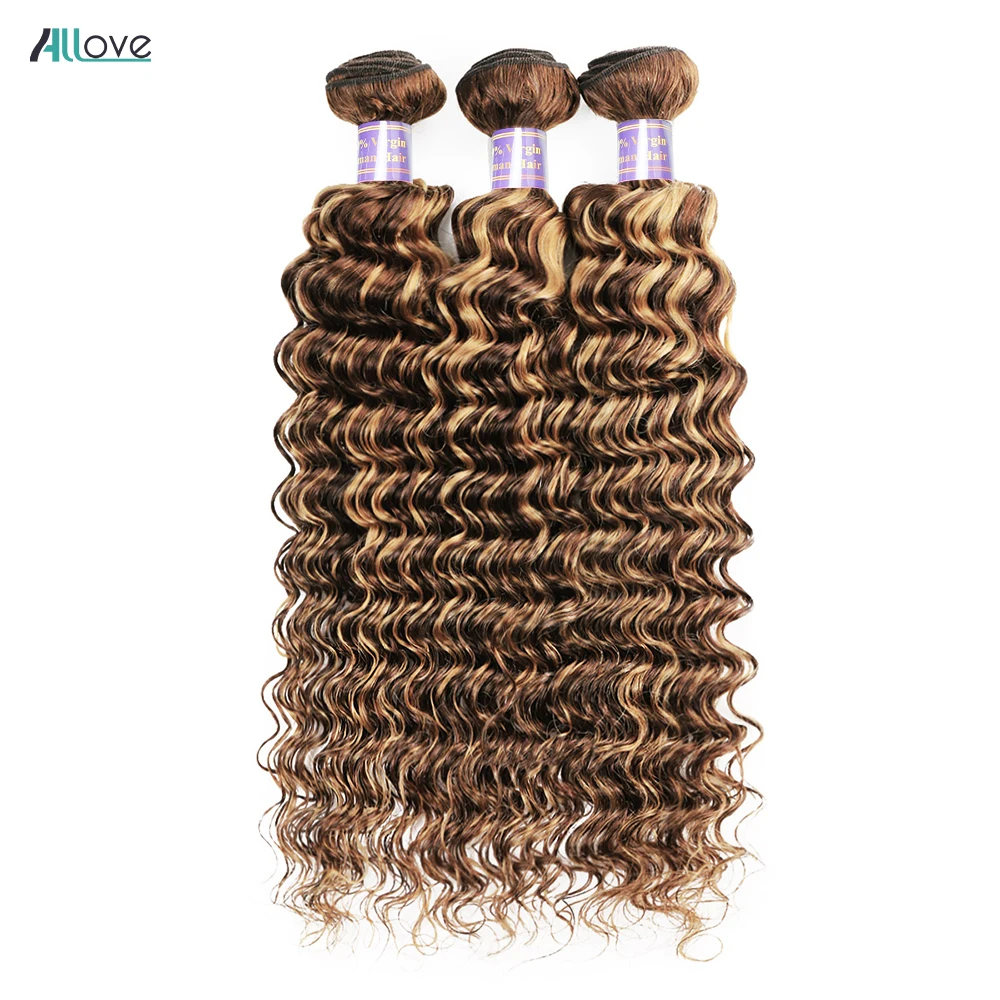 Human Hair Bundles Allove Highlight Bundles With Closure Deep Wave With 4x4 Transparent Lace Closure Ombre Honey Brown Remy Hair human hair bundles