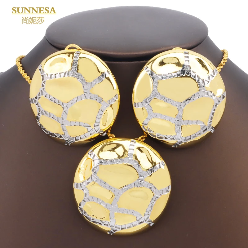 

SUNNESA Mix Silver Golden Round Pendant African Clip Earrings 18k Gold Plated Dubai Jewelry Set for Women Fashion Necklace