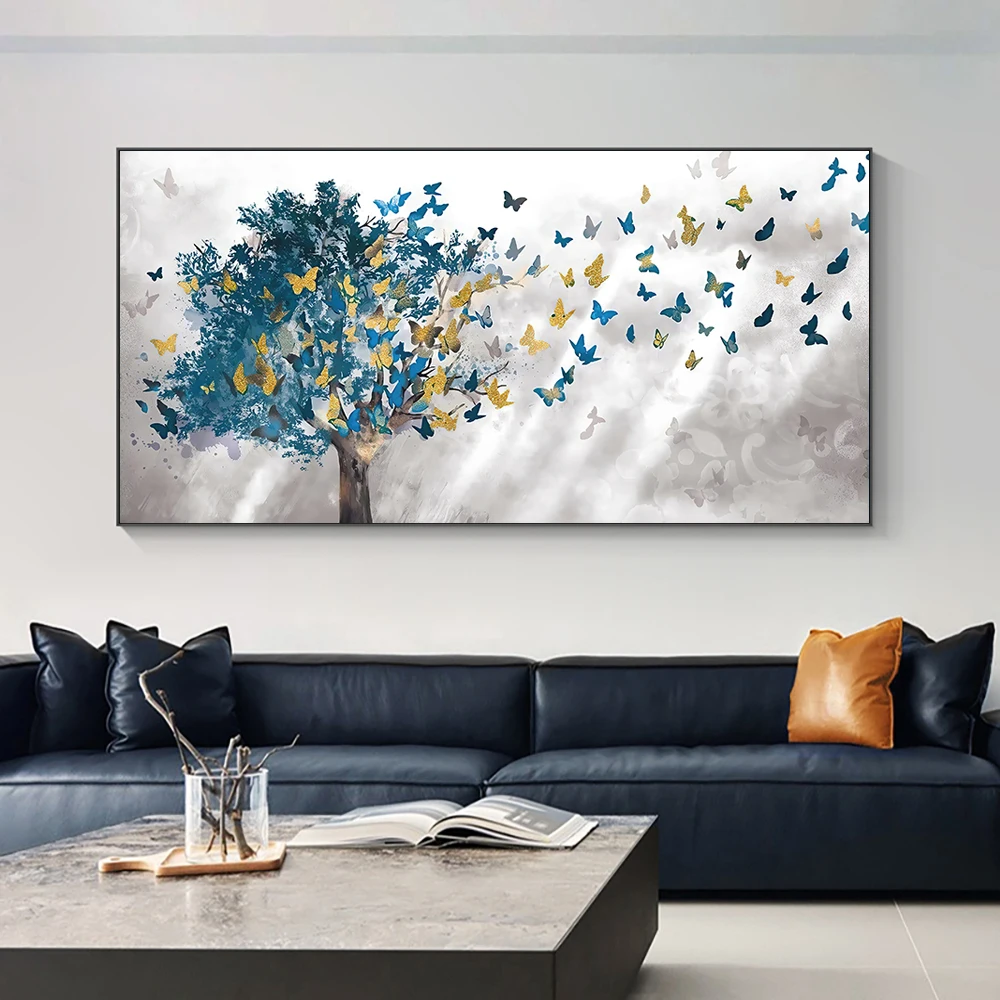 Abstract Blue Trees and Butterfly Canvas Painting Poster and Prints Nordic Pictures for Living Room Home Wall Art Decorative