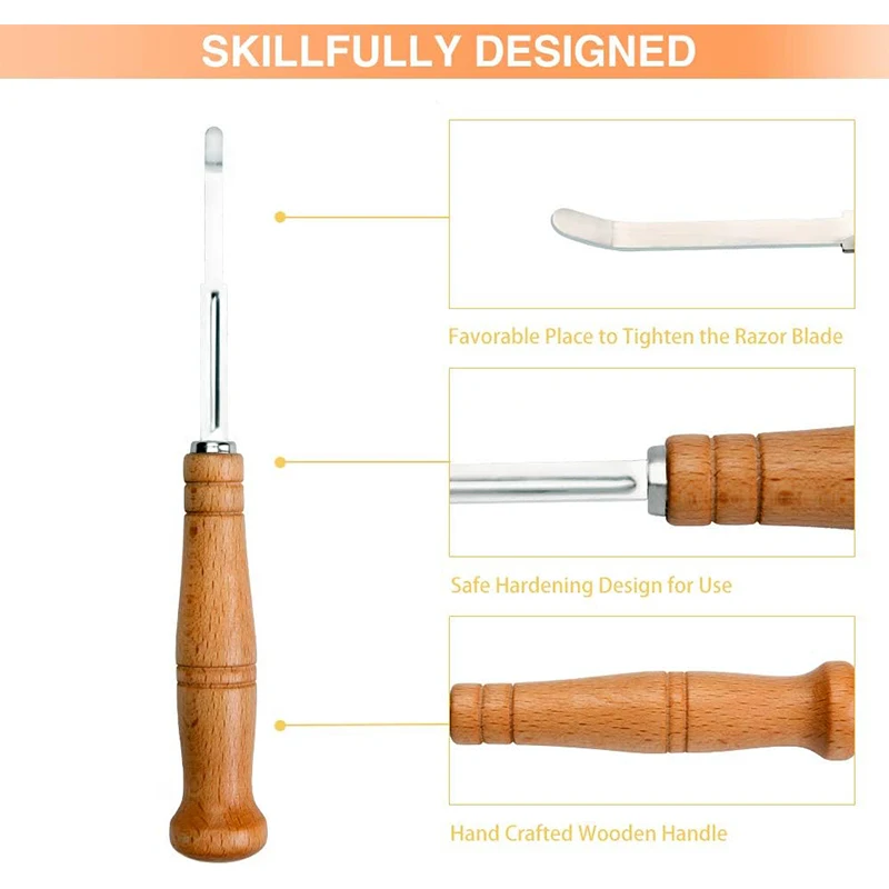 LMETJMA Premium Stainless Steel Bread Lame with 5 Replacement Blades Curved Baguette Bread Cutter with Wooden Handle JT172 BEST SELLERS