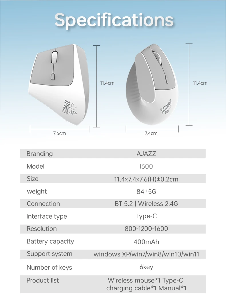 A.JAZZ I300 Bluetooth und 2,4G Wiederaufladbare Kabellose Maus, Ergonomisches Vertikales Design Optische Computermaus – Detail 13