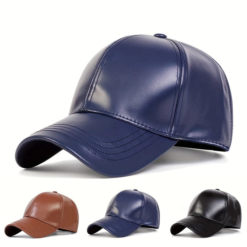 Unisex-Baseballmützen aus einfarbigem PU-Leder, verstellbare Freizeithüte, Sonnenschutzhut für Frühling und Herbst im Freien – Detail 1