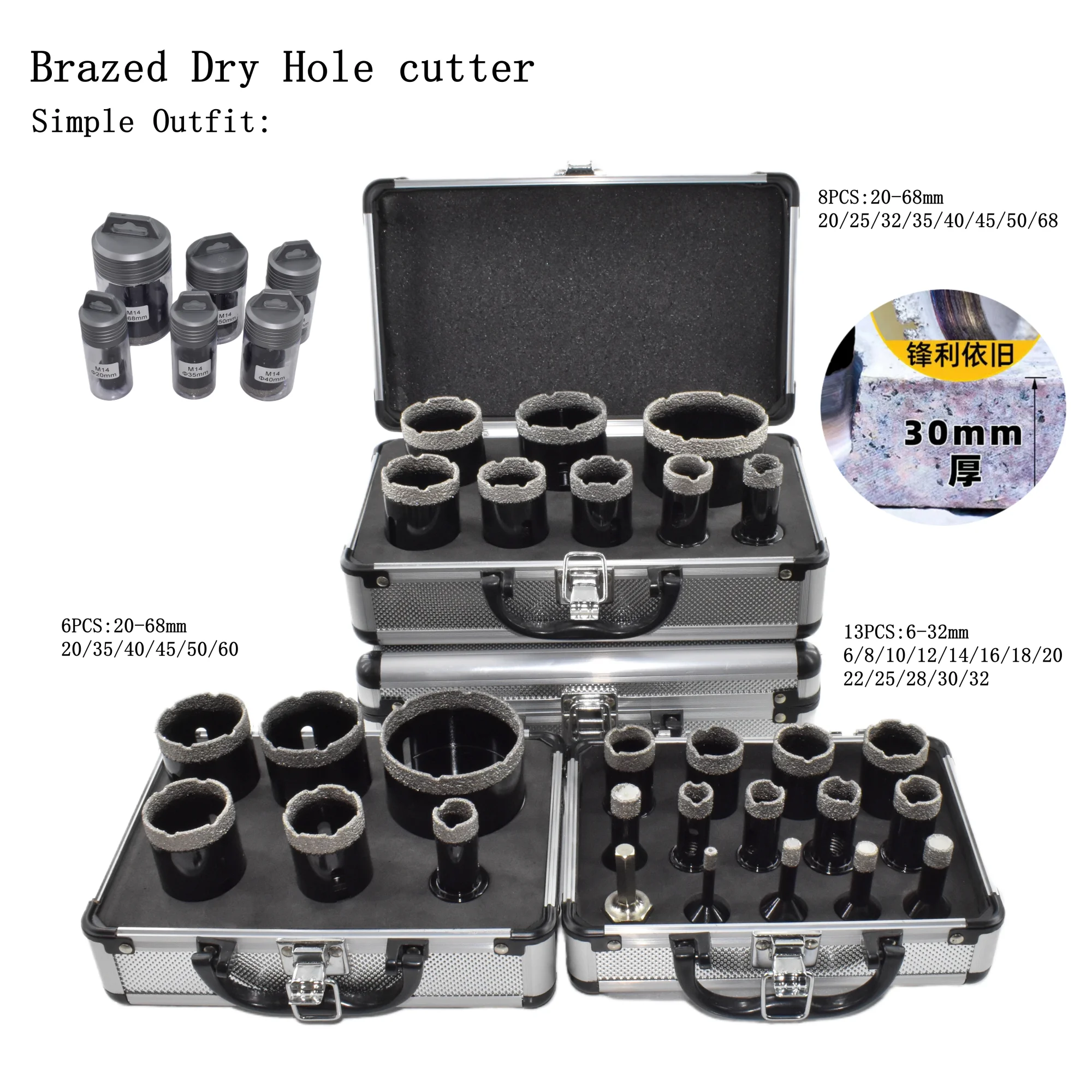 M14 Thread Dry Vacuum Brazed Diamond Drilling Core Bit Porcelain Tile