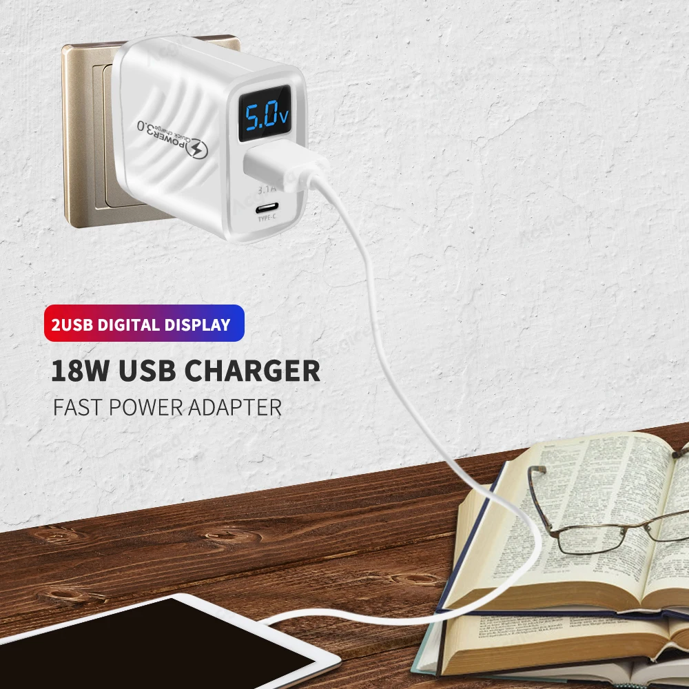 20W USB PD Fast Charging Charger with Digital Display and USB-C Adapter