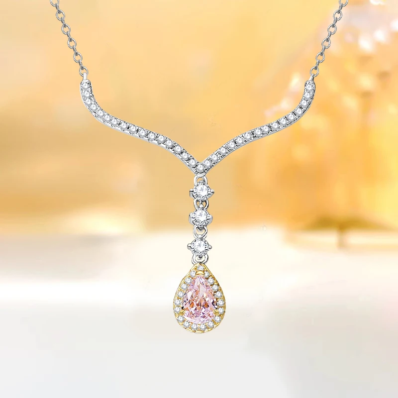 

925 Sterling Silver Droplet Pink Diamond Pendant Necklace for Women with High Carbon Diamond Collarbone Chain, Wedding Jewelry