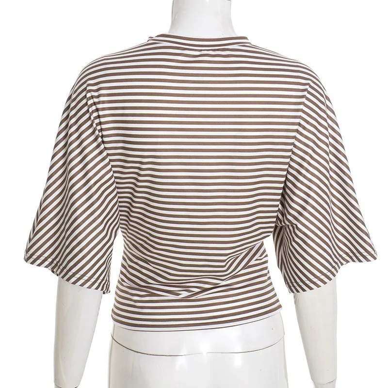 Fashion New Summer Women's Short Sleeve Striped T-shirt Elegant Round Neck Slim-fitting Waist Pullover Casual Top Short Blouse