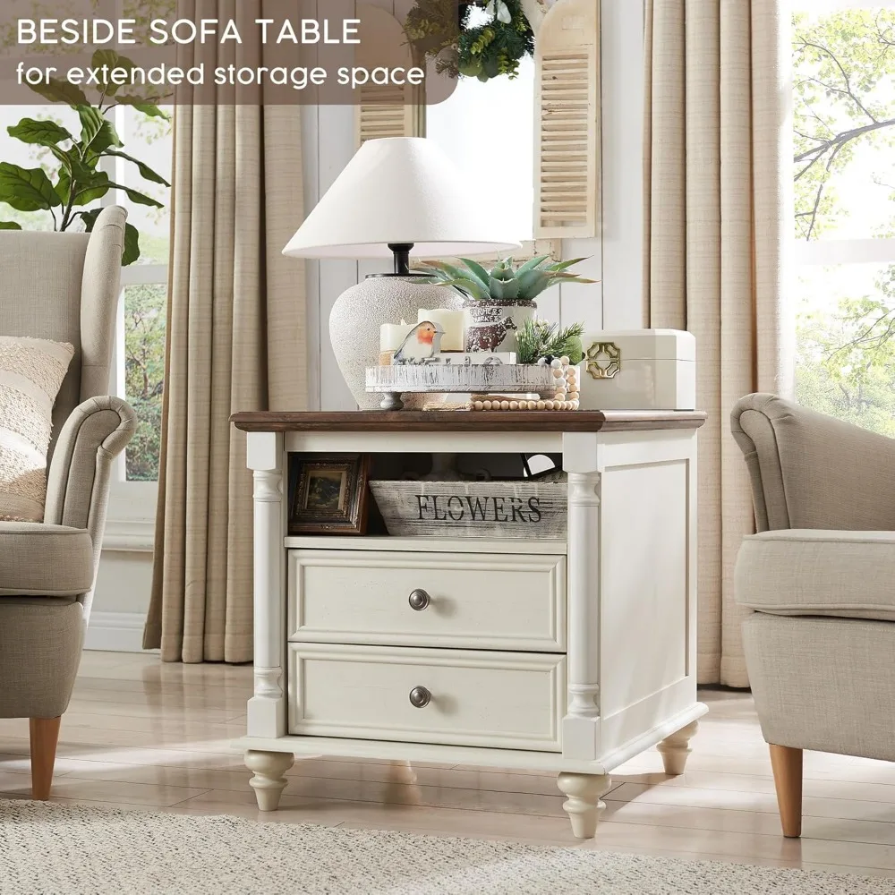 24'' Farmhouse End Table w/4 Solid Wood Feet, Large 2 Drawers Wide Sofa Side Table with Charging Station, Tall Rustic Wood 6