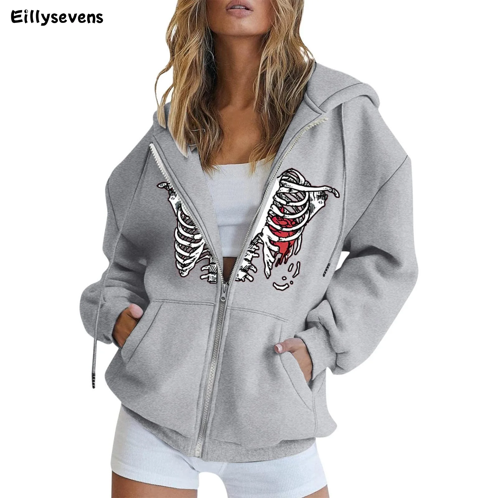 

Halloween Print Women Hoodies Loose Punk Streetwear Hoodies Hip Hop Jackets Coat Retro Style Sweatshirt Zipper Long Sleeve