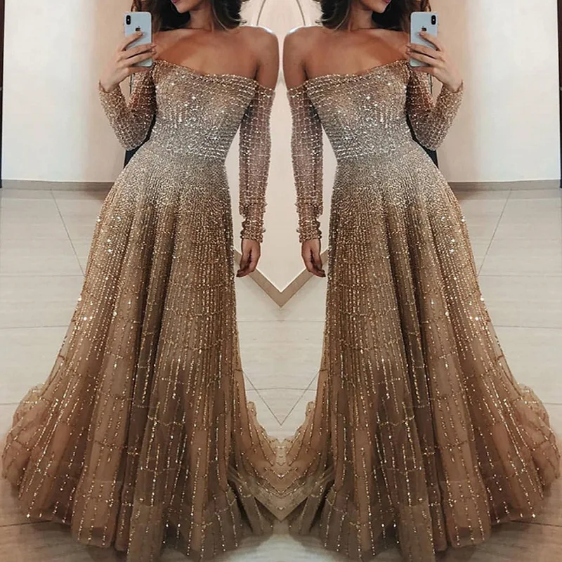 

2022 Autumn And Winter women Shiny Shoulder Long Sleeve Bandeau Dress