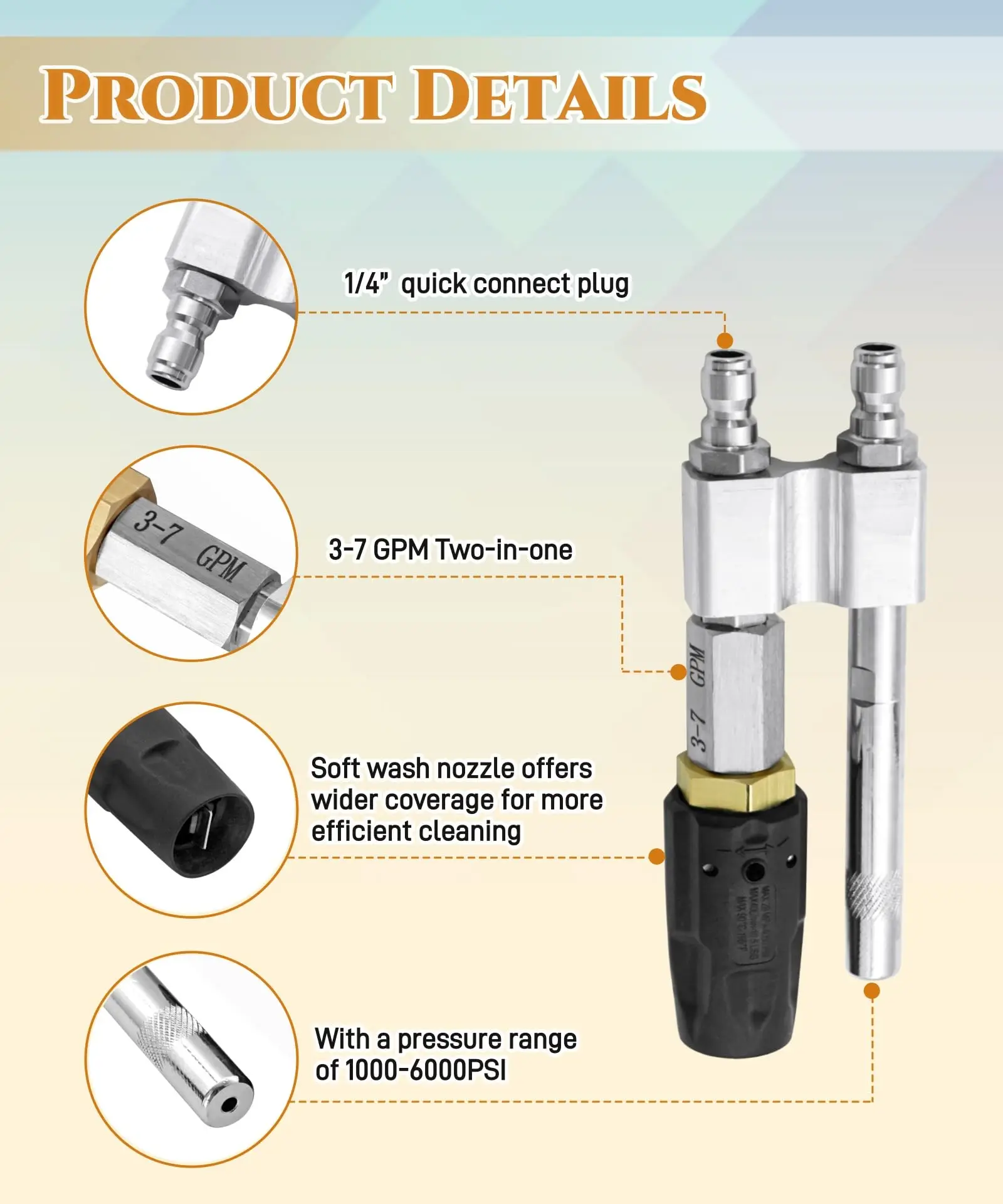 조절 가능한 다운스트림 M5 트위스트 노즐 2-in-1 고압 세척기 장거리 비누 노즐 세척 슈터 팁 (고압 세척기용)