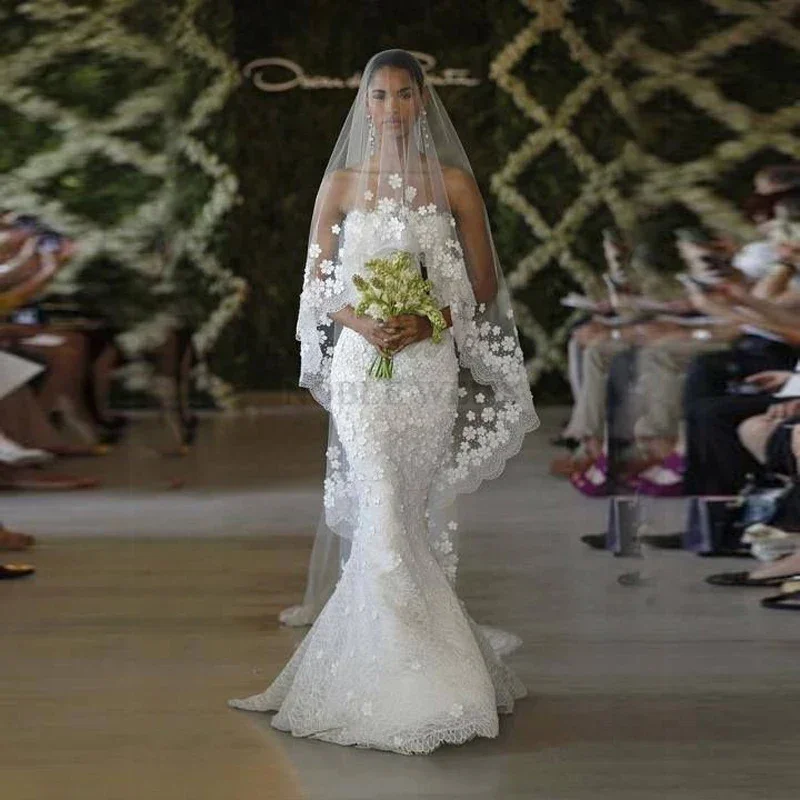 Bridal Veil 3D Flowers Long Mantilla Wedding Accessories Appliques Lace Flowers Customized