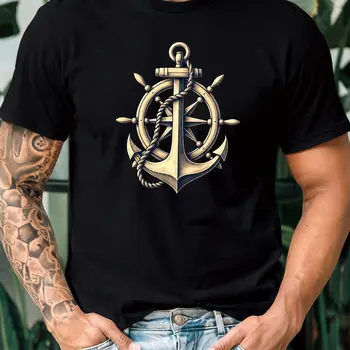T-shirt grafica da uomo con ancoraggio nautico - Tessuto estivo casual a maniche corte in maglia micro-elasticizzato Vestibilità regolare Nero con ancora dorata