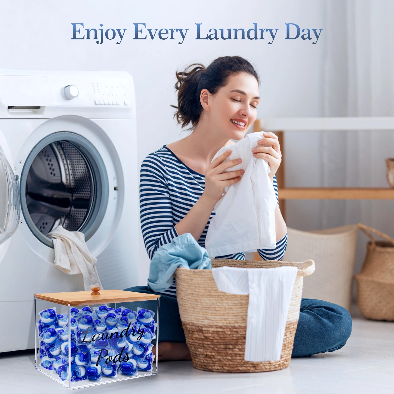 New Laundry Pods Holder Container for Laundry Room Organization Acrylic Box with Bamboo Lid for Laundry Powder, Dryer Balls 6