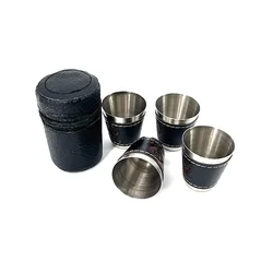 4 - Piece Stainless Steel Travel Cup Set with PU Leather Case for Outdoor Camping and Picnic (30ML - 4Pcs)