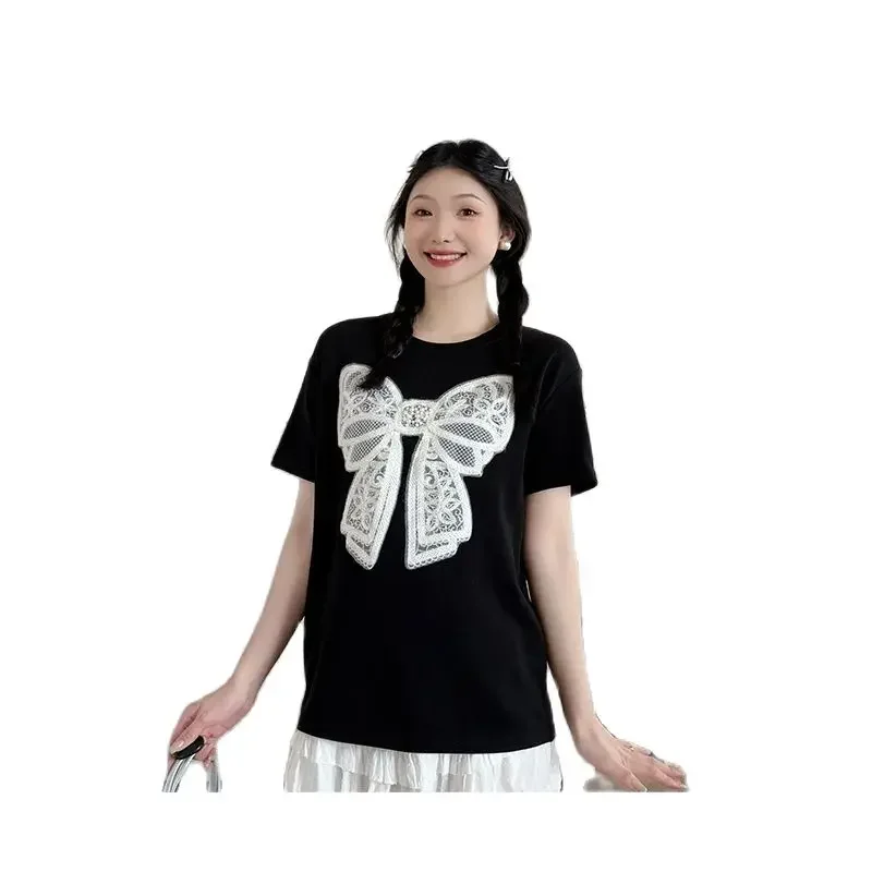 Twinset 임신 한 여자 스커트 정장 여름 출산 옷 세트 큰 Bowknot 레이스 배꼽 스커트와 짧은 소매 검은 티셔츠
