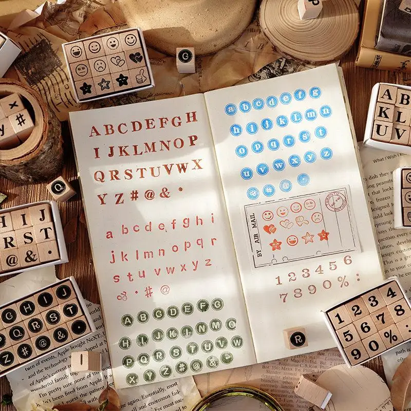 Wooden Alphabet Letter Stamps Vintage Uppercase Lowercase Letter Rubber  Stamps DIY Self Ink Pad Diary Ablum Handmade Art Craft