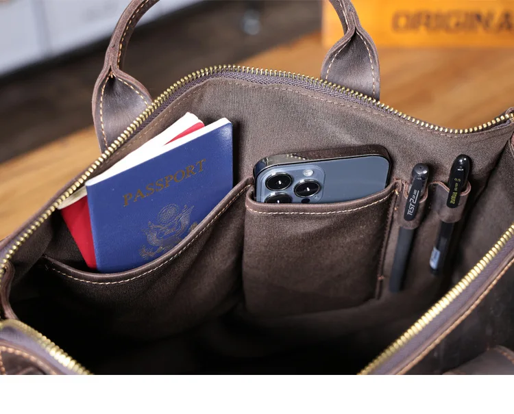 Vintage handgefertigte Herren-Aktentasche aus Crazy-Horse-Rindsleder mit mehreren Taschen, luxuriöse Business-Handtasche aus echtem Leder mit großem Fassungsvermögen für Laptops. – Detail 22