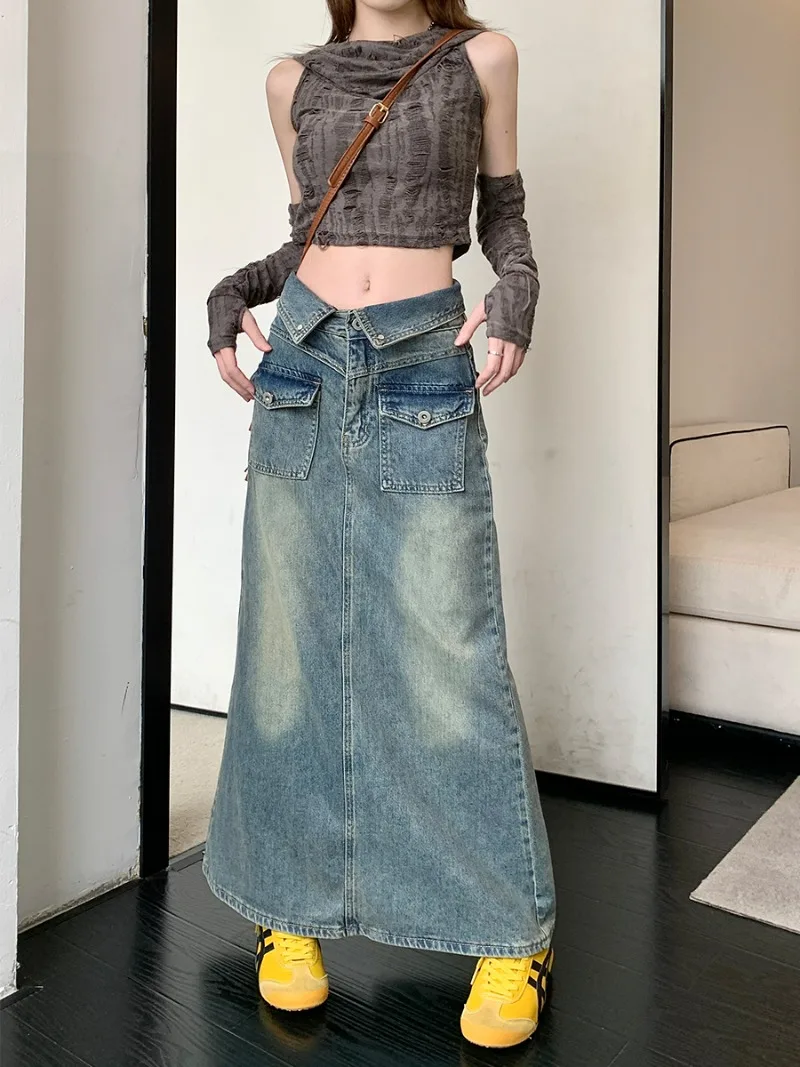 

High Waist Design Sense Harajuku Long Skirt Split Denim All-match Mujer Faldas Autumn Winter Streetwear Vintage Chic Jupe Y2k