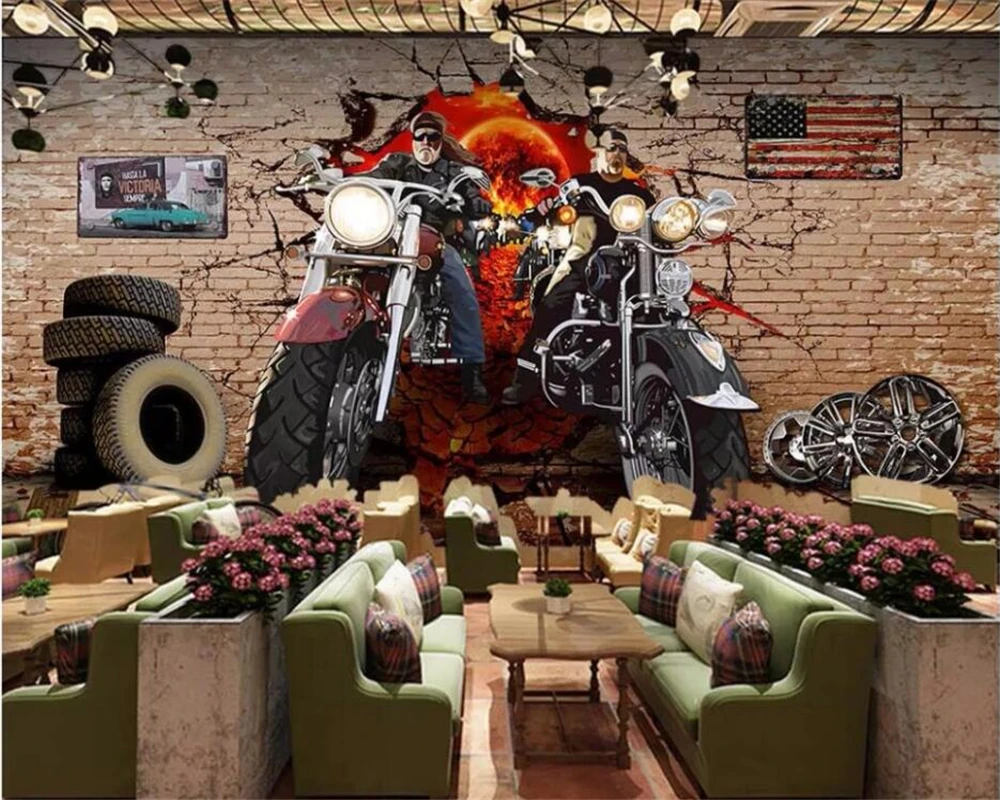 

3d mural customized large wallpaper retro motorcycle nostalgic brick wall background living room bedroom restaurant decorative