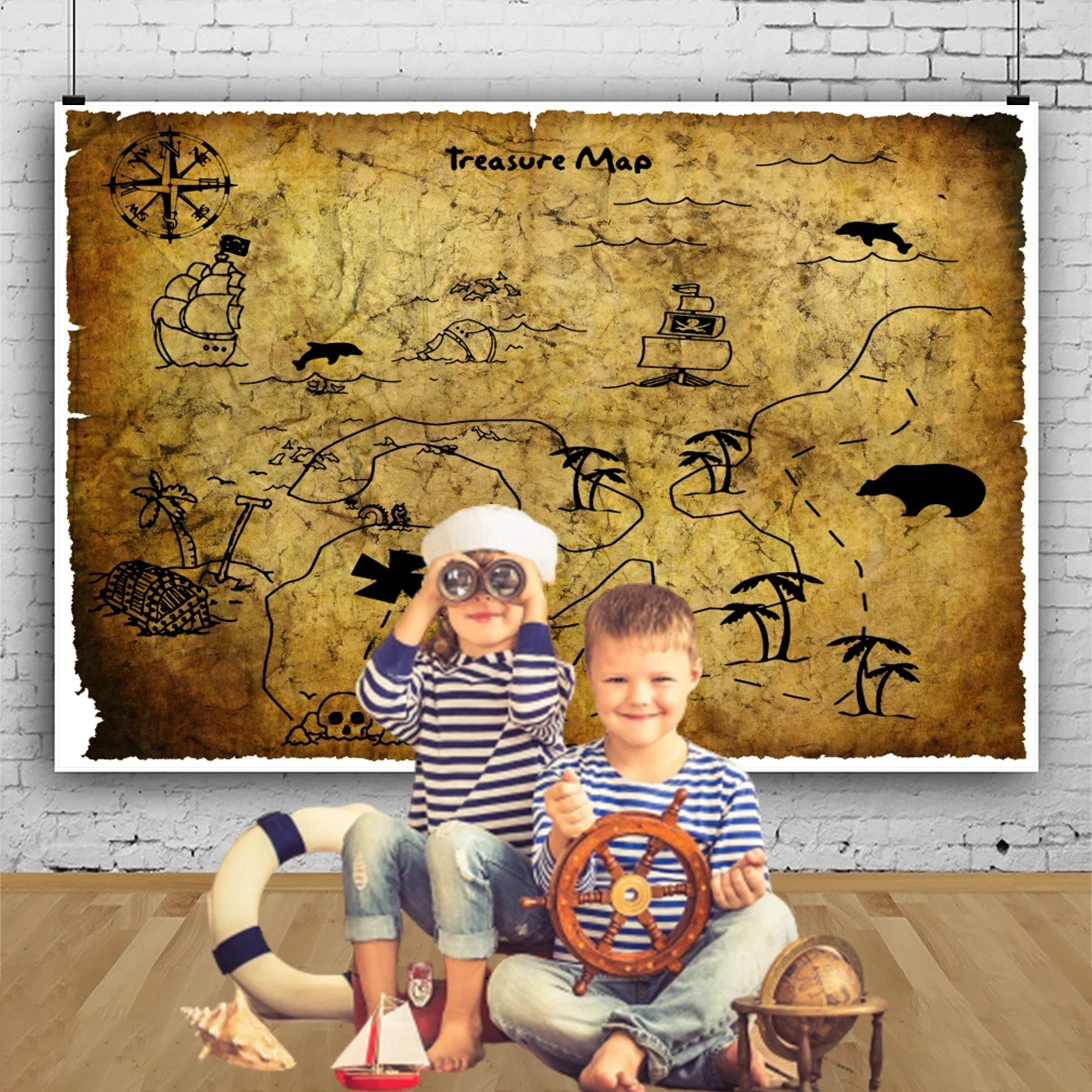Photo Backdrop Vintage World Map Backdrop Pirate Airplane Compass World Travel Kids Boy Birthday Party Baby Shower Photography Background Prop