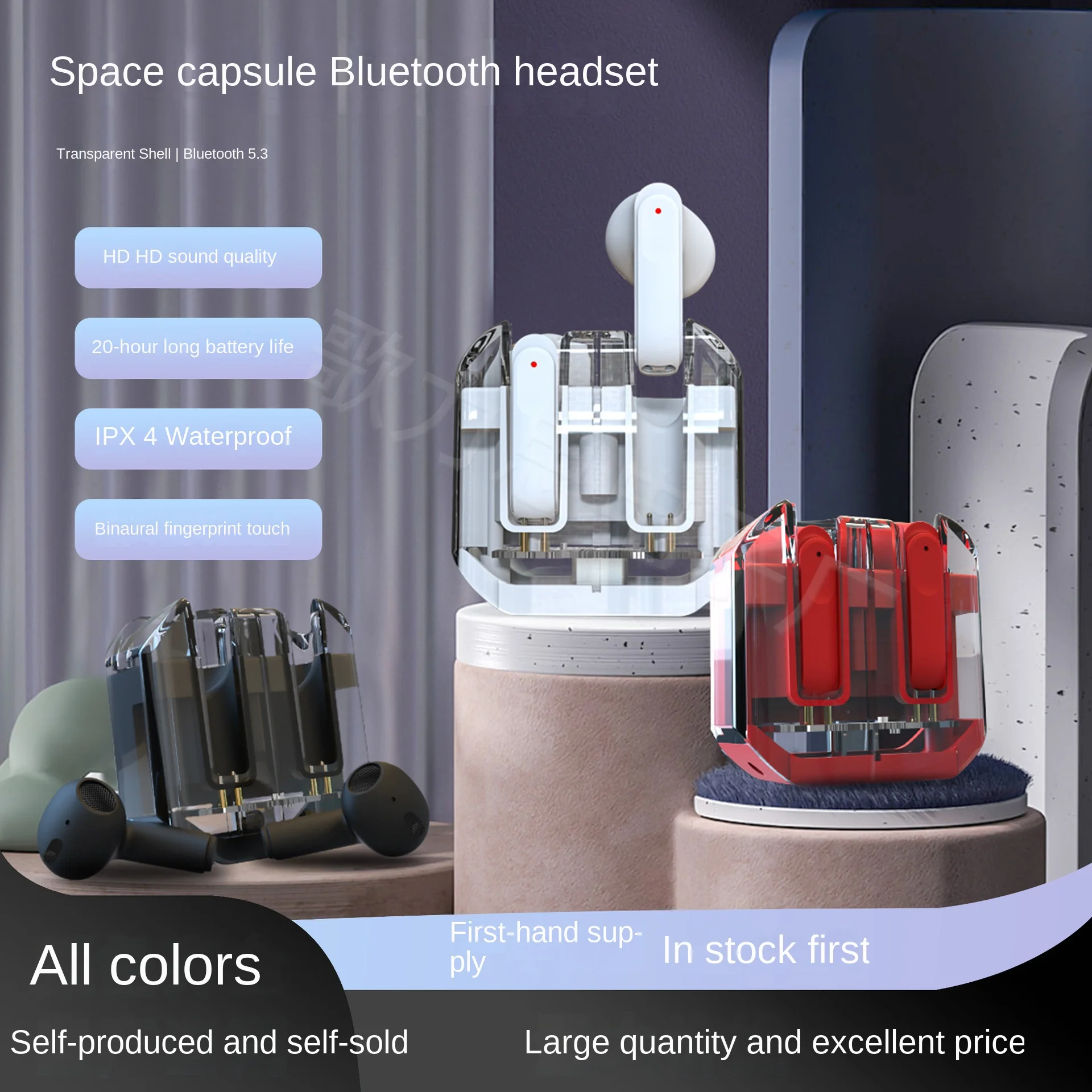 

Transparent warehouse semi-in-ear ultra-long life battery touch TWS Bluetooth headset