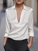 Women's Elegant Dressy Satin Work Shirt Plain Modern Casual Long Sleeve Shirt Collar Regular Tops - Image 2
