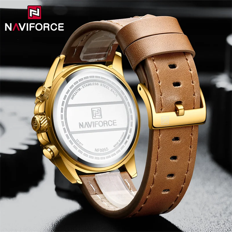 NAVIFORCE New Men's Sport Quartz Watch Leather Strap Waterproof