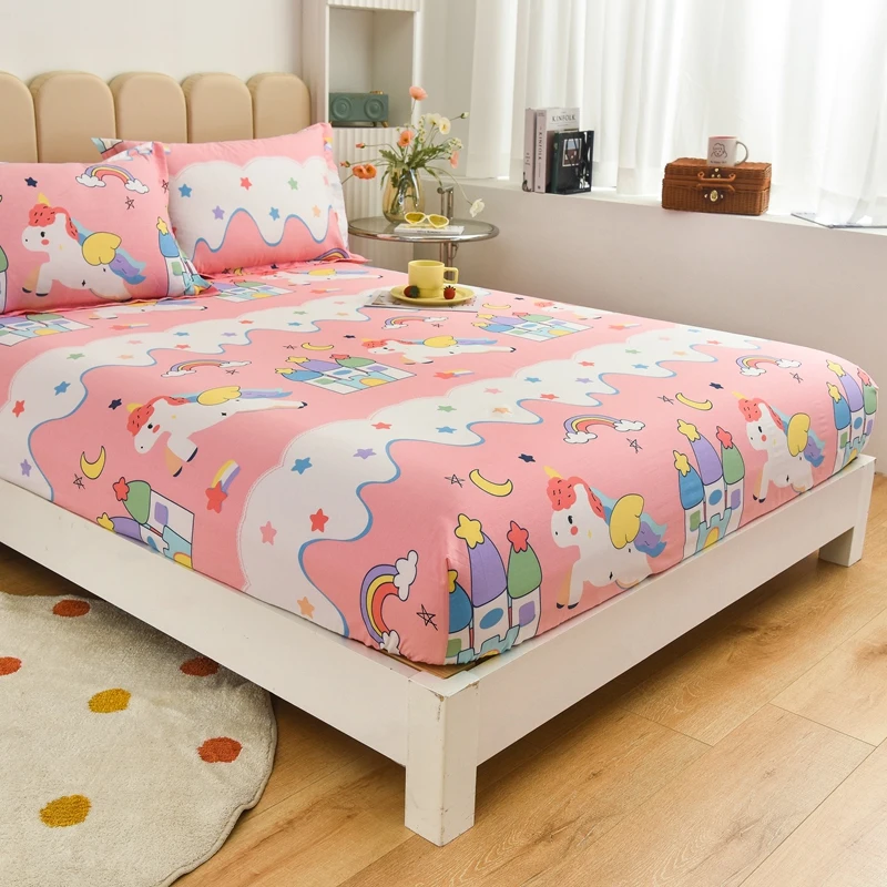 Cartoon Unicorn Printed Cotton Fitted Sheet 3 Pieces Bedding Set for Children's Girls Bed Cover Pink Non-slip Mattress Protector 2