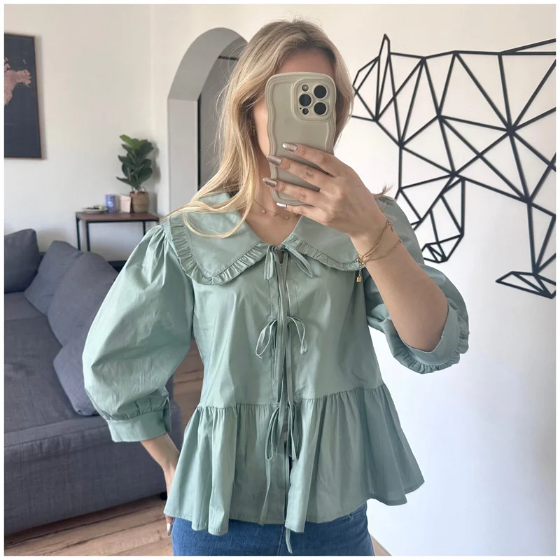 Babydoll Tops y2k Clothing Women Summer Ruffled Collar Lace Up 3/4 Sleeve Loose Blouses Shirts 2000s Clothes Streetwear