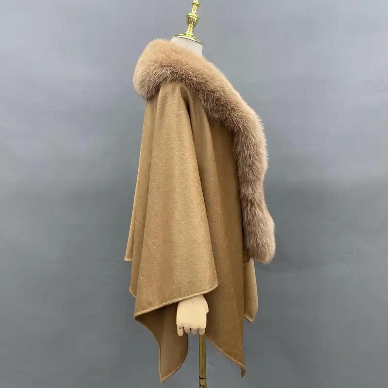 MISSJANEFUR Cashmere Poncho Shawl Women 2023 New Luxury Real Fox Fur Collar Cape Cloak Elegant Winter Coat - Image 3
