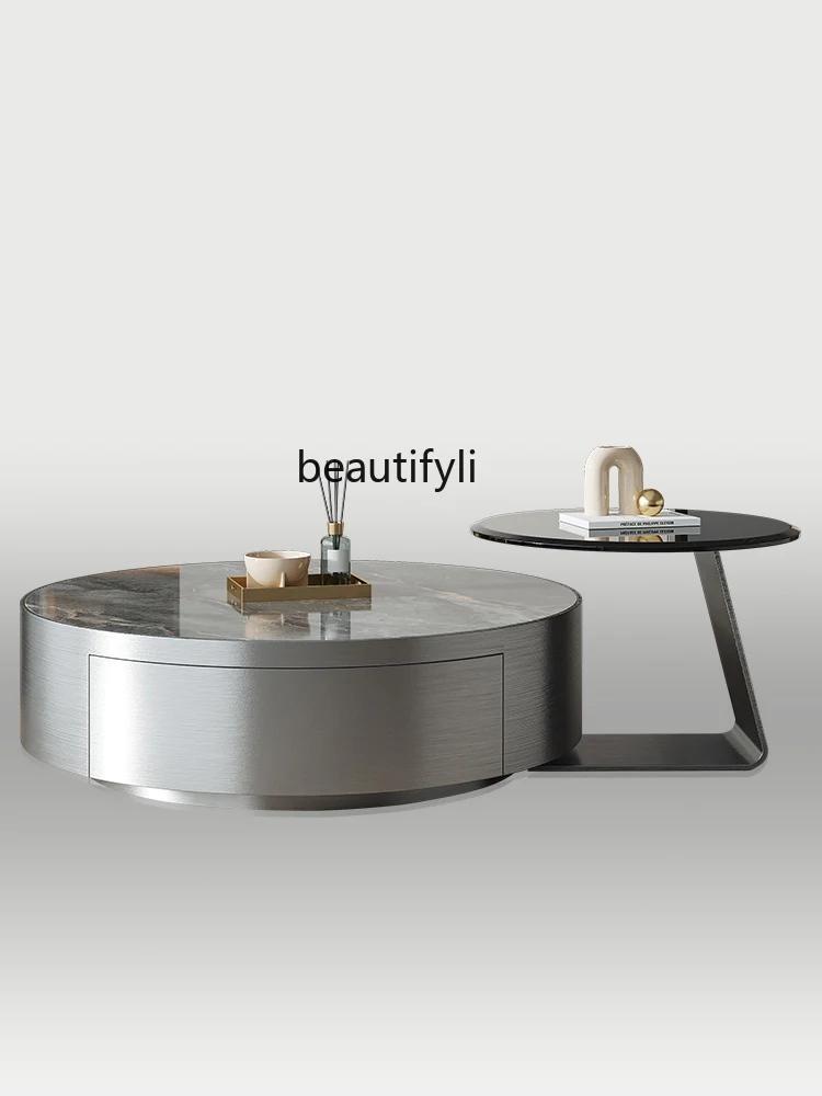 

zq Storage Modern Simple Small Apartment Home Living Room Tempered Glass Stone Plate round Tea Table