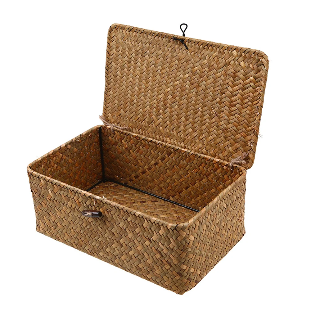 

3pcs New Seaweed With Button Woven Basket Straw Woven Debris Desktop Storage Box Hand-woven Storage Basket - Size S, M, L