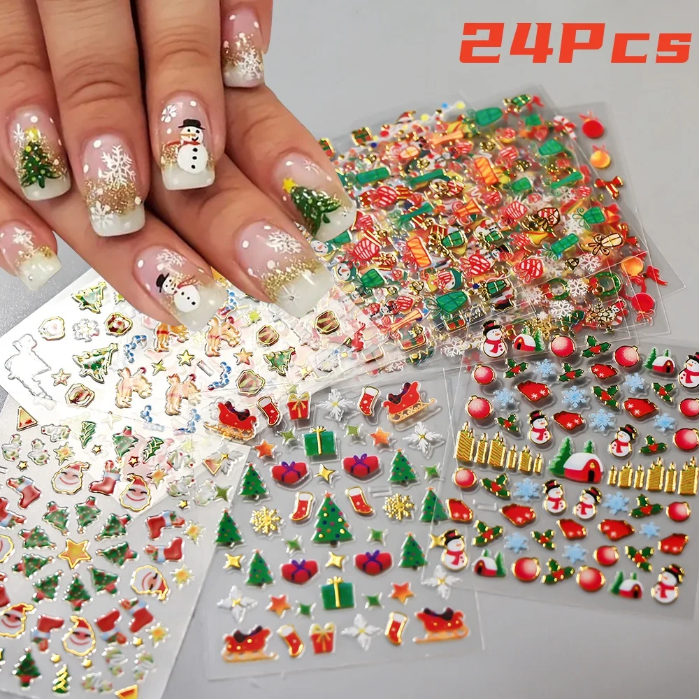 24pcsGoldEdgeChristmasNailArtSticker3DSliderSnowflakesTree
