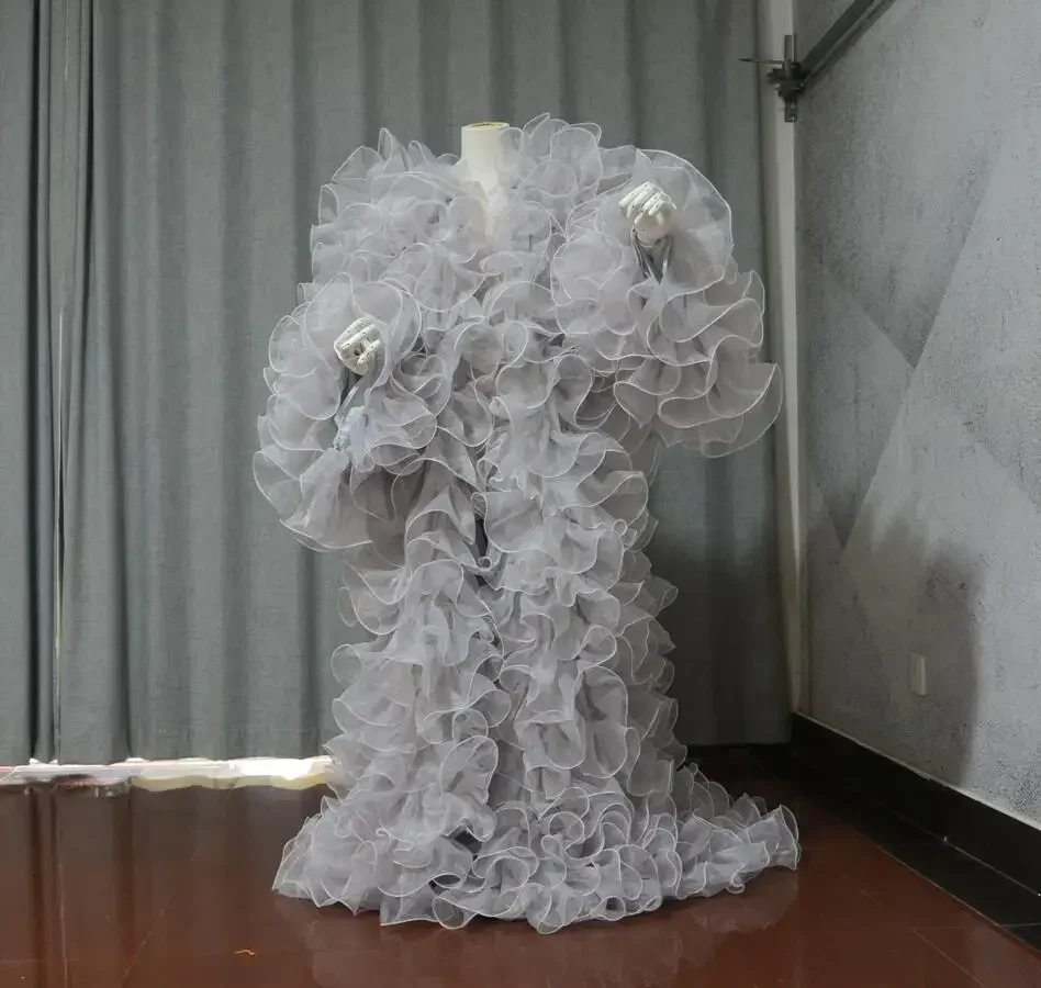 Gorgeous silver organza Jacket Women Full Sleeves Dresses Ruffles Floor Length Long Robe Dress To Photoshoot custom size color 2